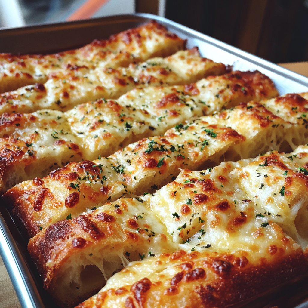 A tray of cheesy garlic bread | Source: no source