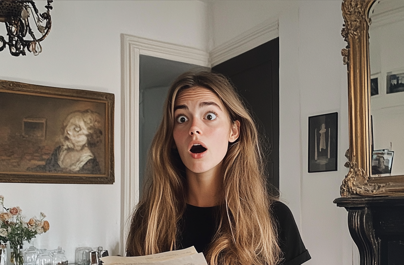 A shocked woman holding a piece of paper | Source: no source