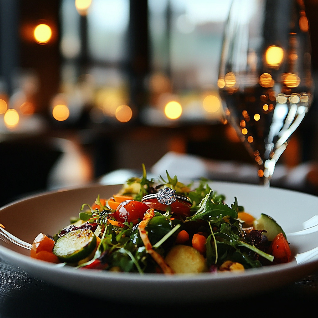 A diamond ring lying on a plate of salad on a restaurant table | Source: no source