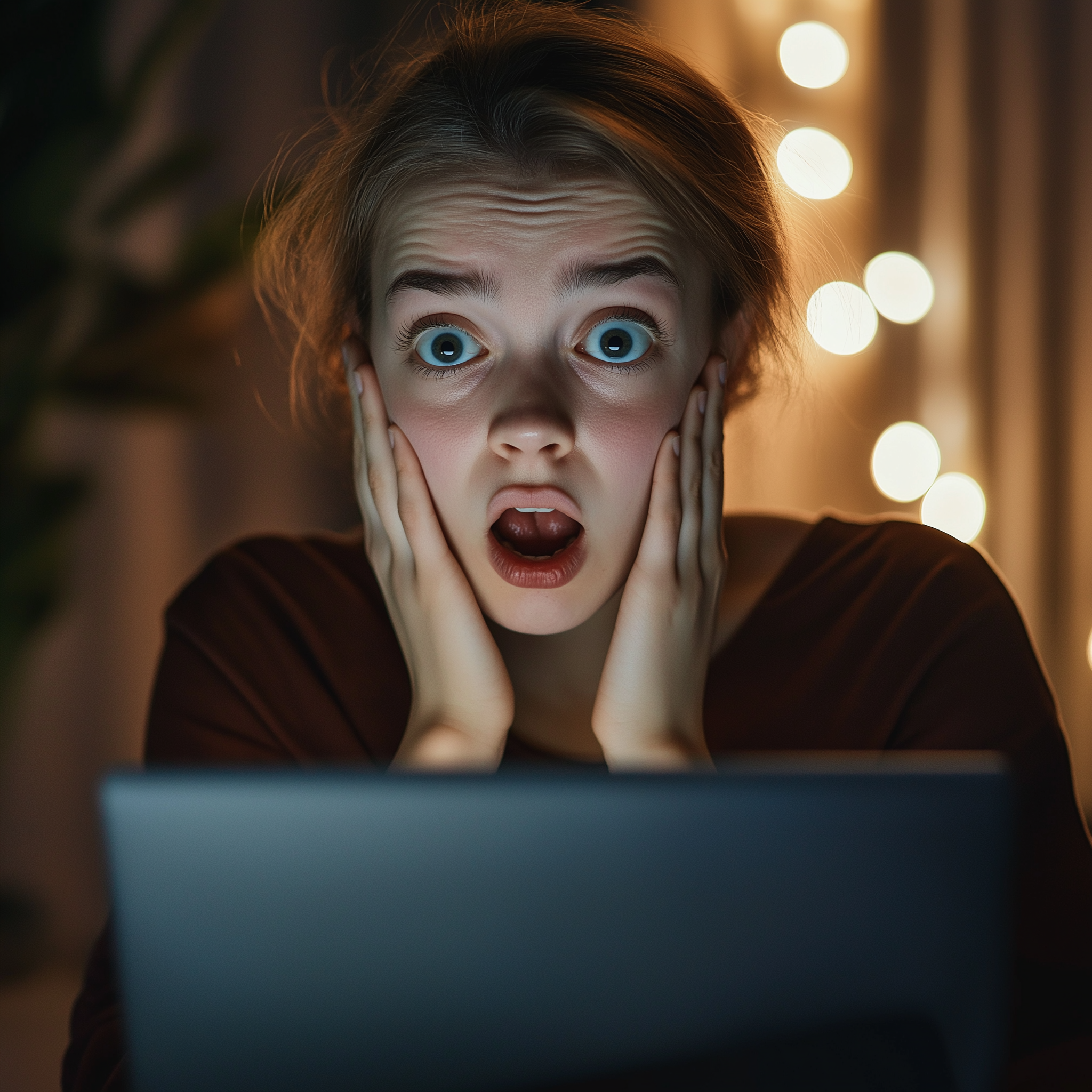 A closeup shot of a shocked woman looking at her laptop screen | Source: no source