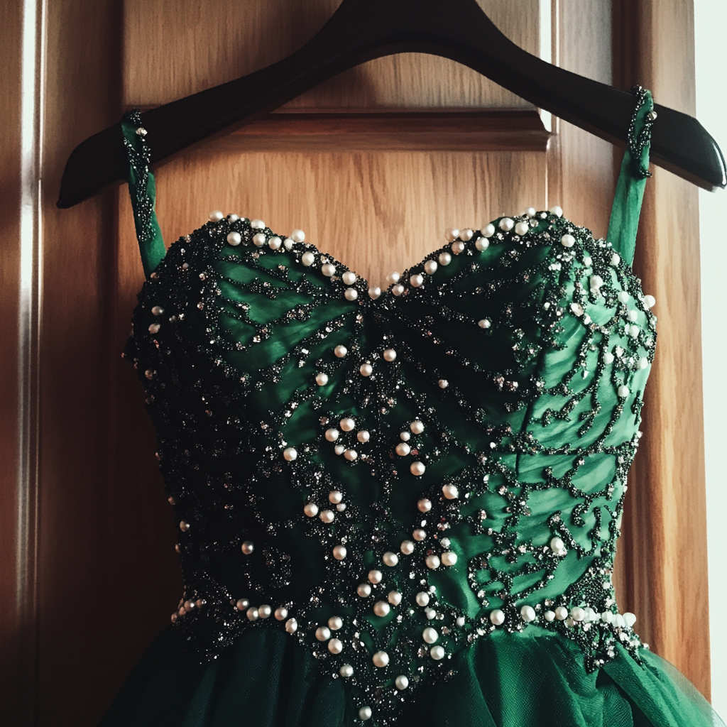 An emerald green prom dress on a hanger | Source: no source