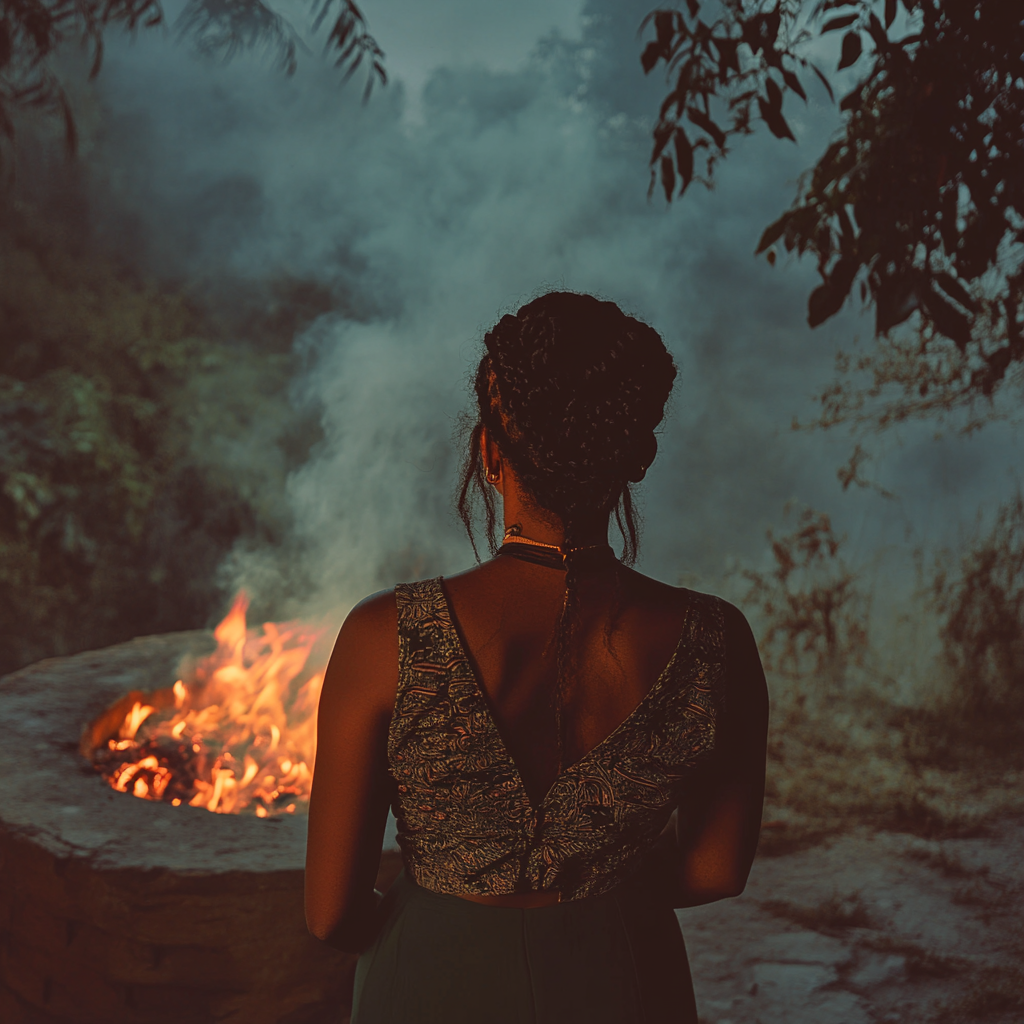 Woman standing next to a pit of fire | Source: No source