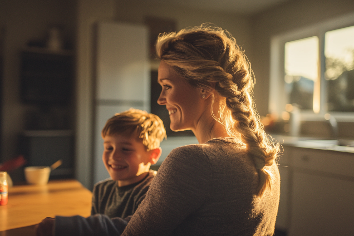 Woman in her 30s smiling with her 7-year-old son at the kitchen table in the morning | Source: no source