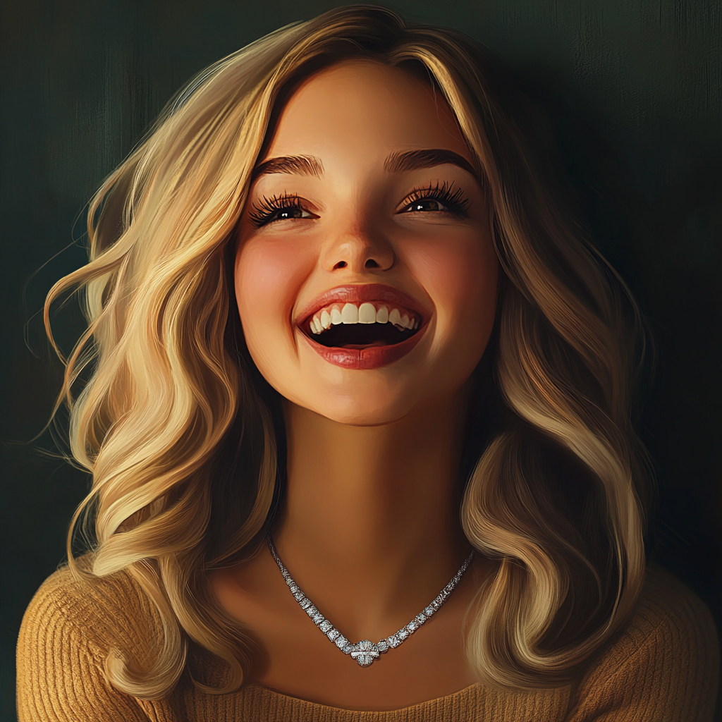 A cheerful woman wearing a diamond necklace | Source: no source