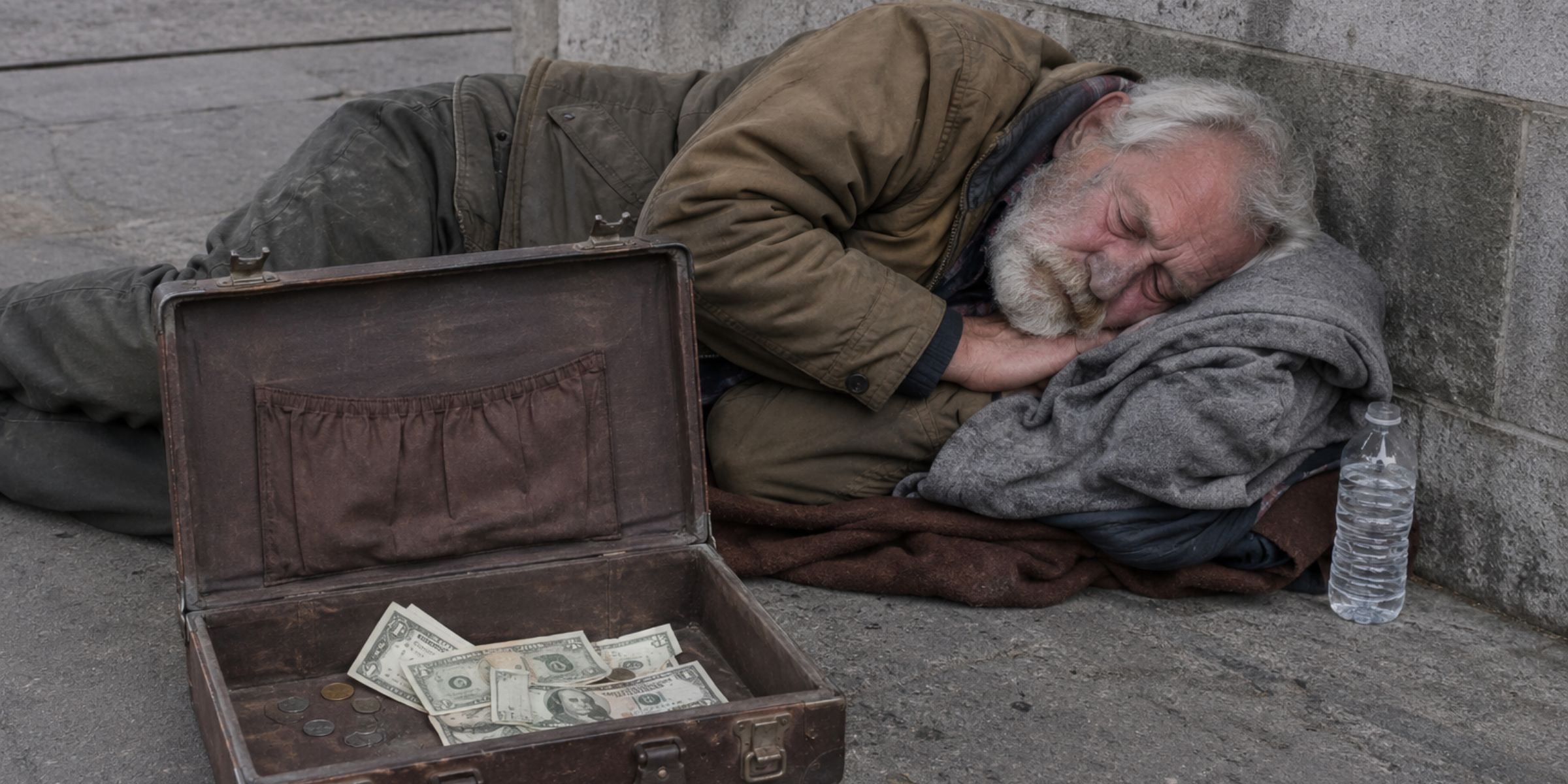 An elderly man sleeping beside a suitcase | Source: No source