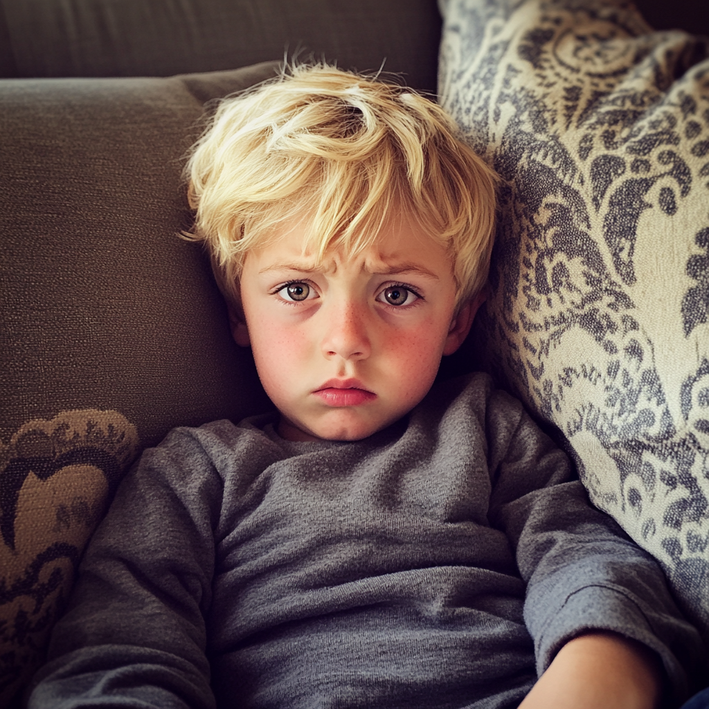 An upset little boy sitting on a couch | Source: No source