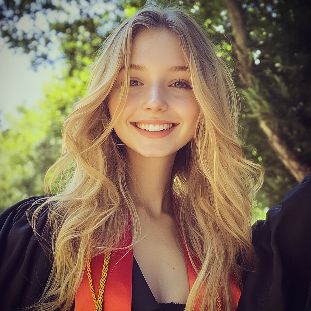 A smiling young woman in a graduation robe | Source: no source