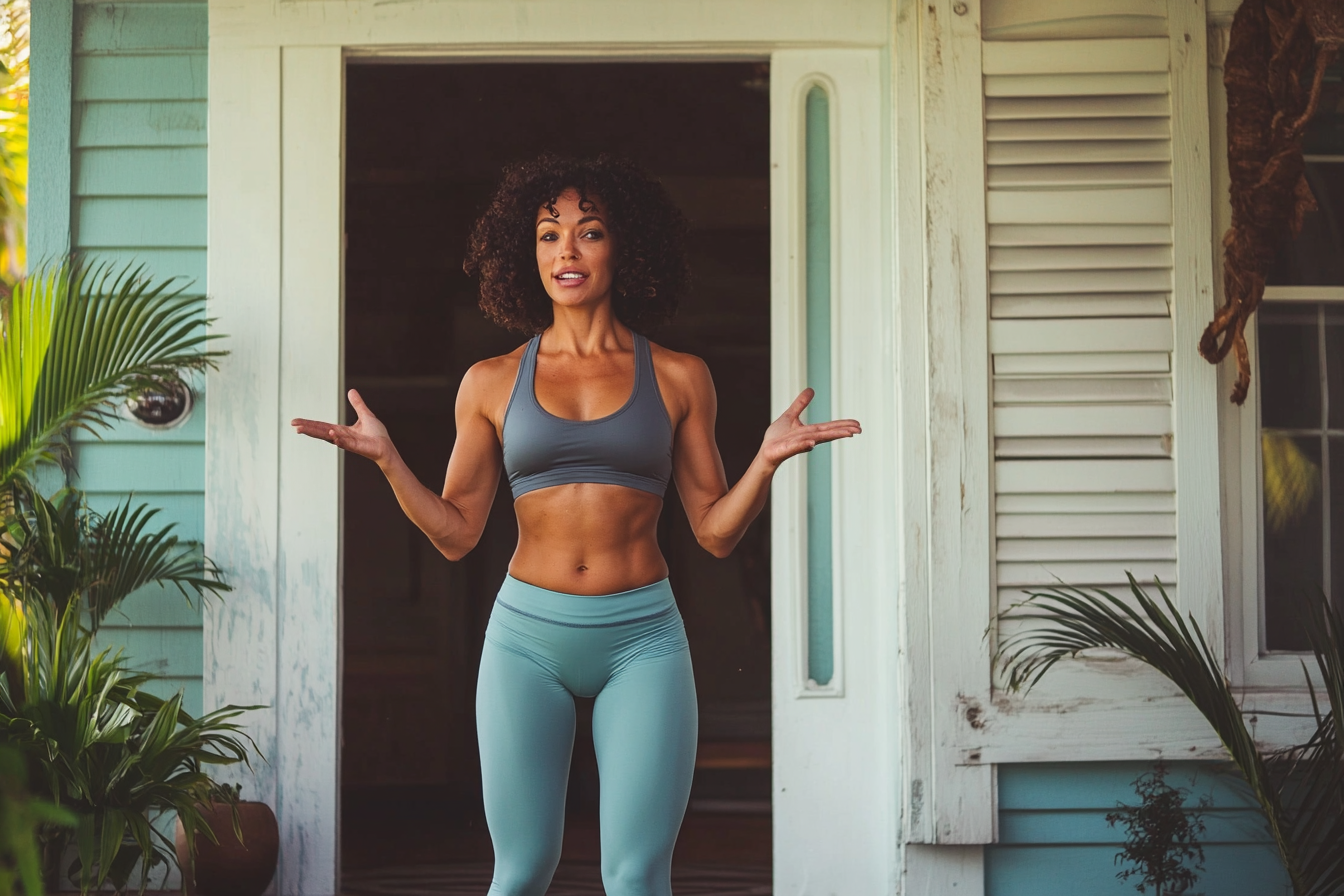 A woman wearing exercise clothes speaking to someone | Source: no source