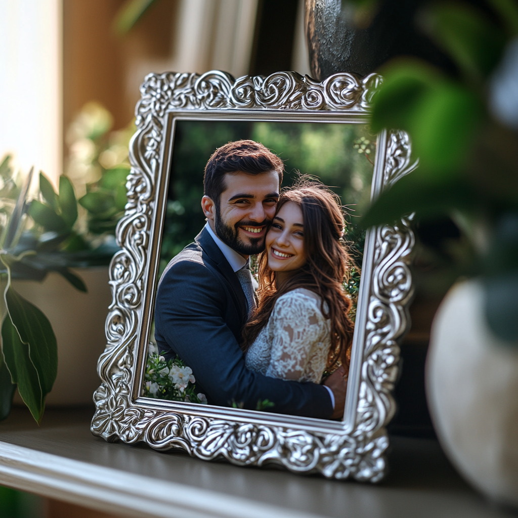 A wedding photo on a shelf | Source: No source