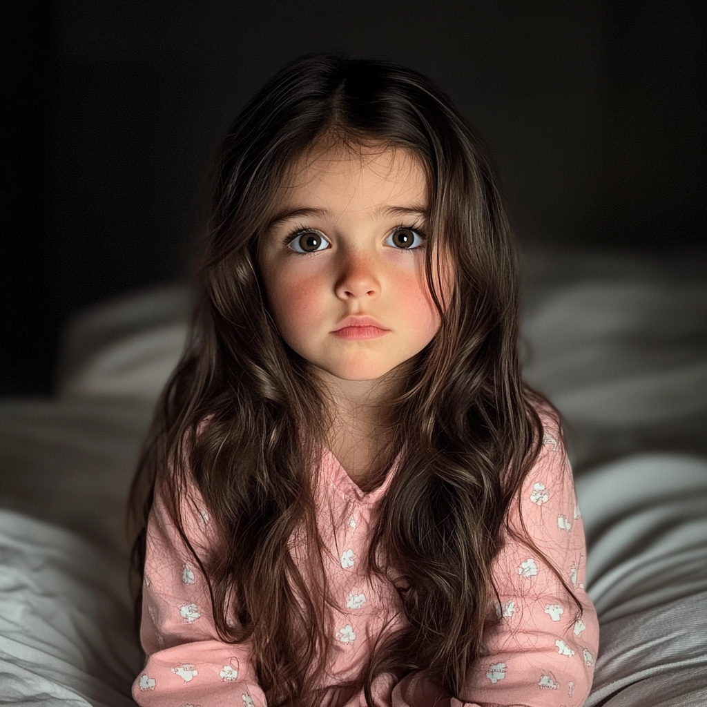 A little girl sitting on a bed | Source: no source