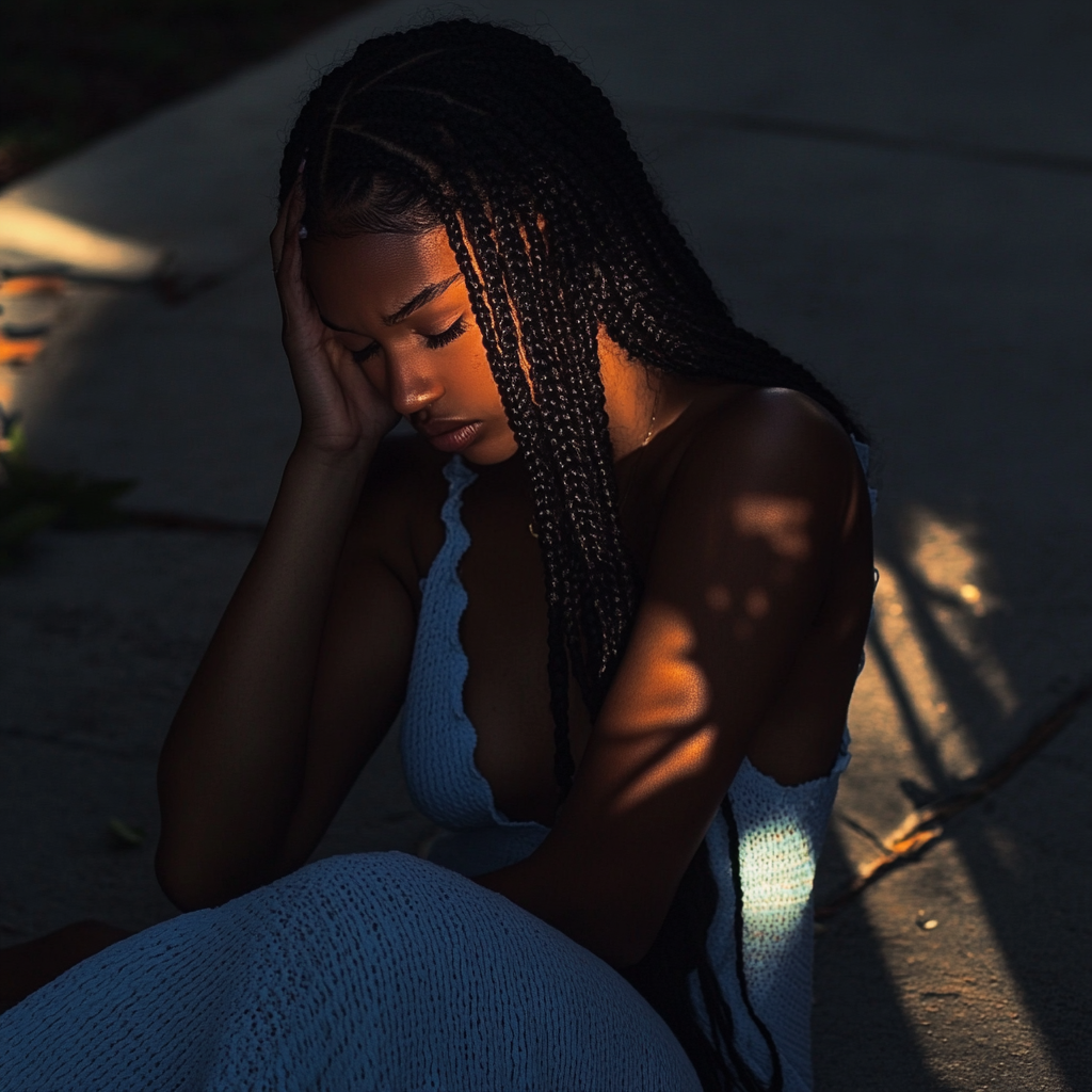 A woman sitting on a sidewalk | Source: No source