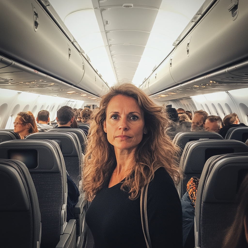 A woman standing in a crowded plane | Source: No source