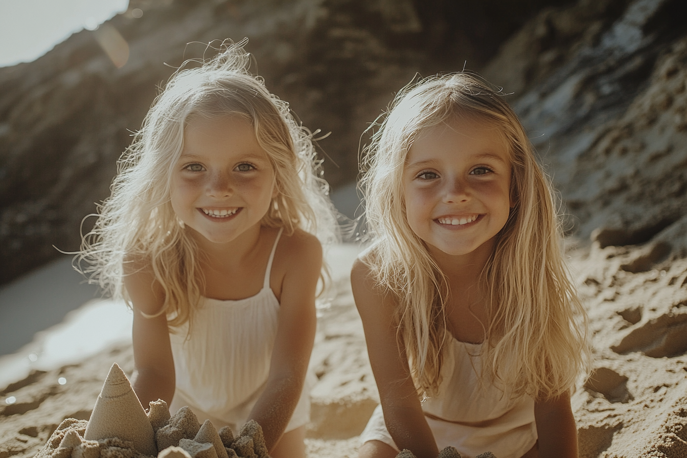 Twin blonde girls, 5 years old, smiling and building a sandcastle on the beach | Source: No source