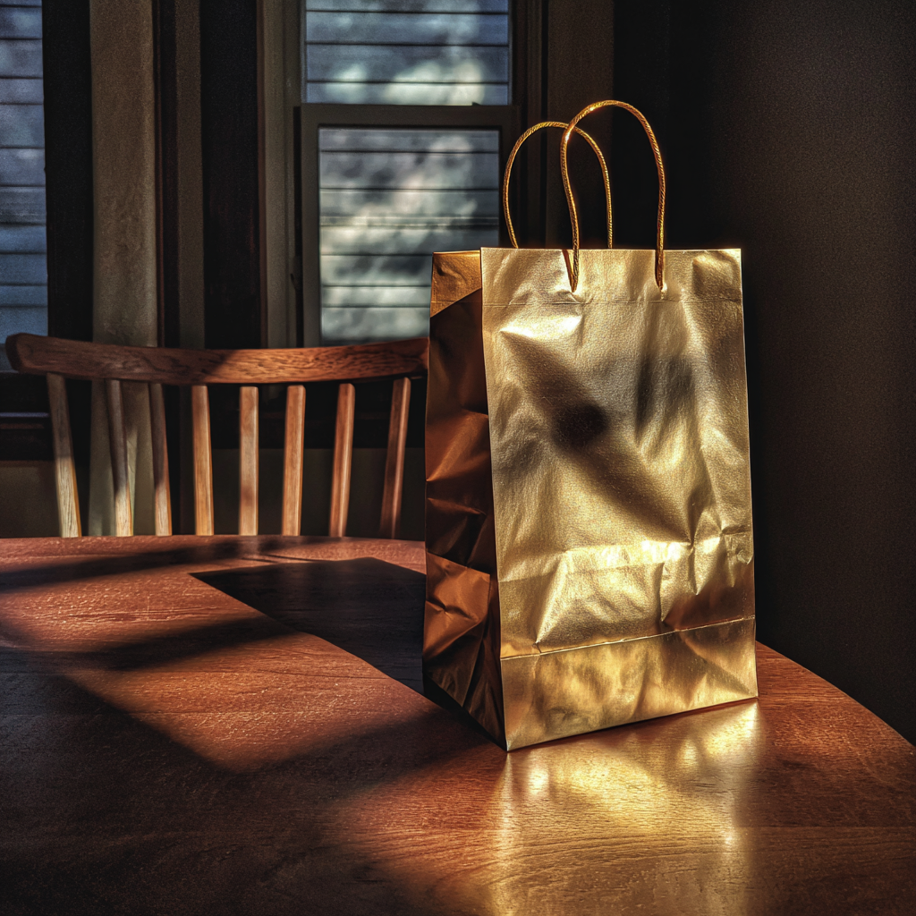A gold gift bag on a table | Source: no source