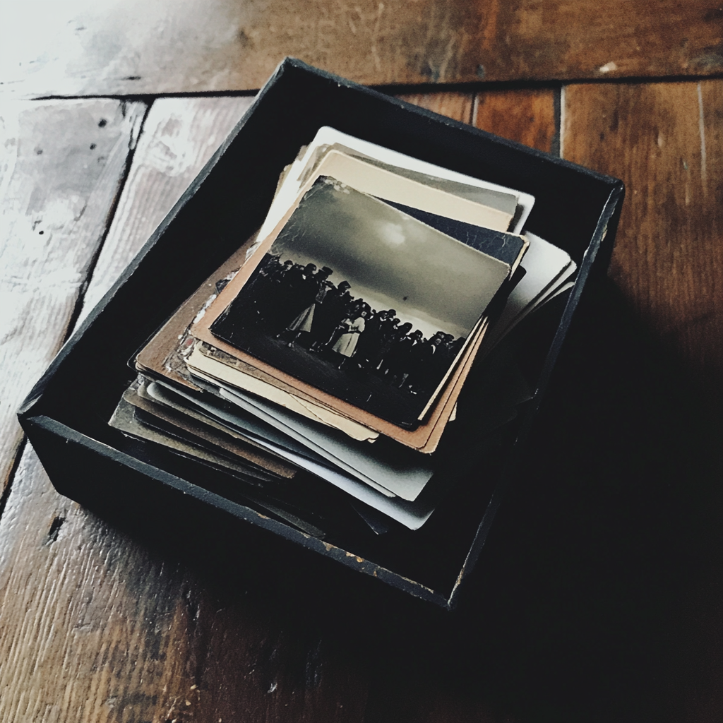 A stack of polaroids in a black box | Source: No source