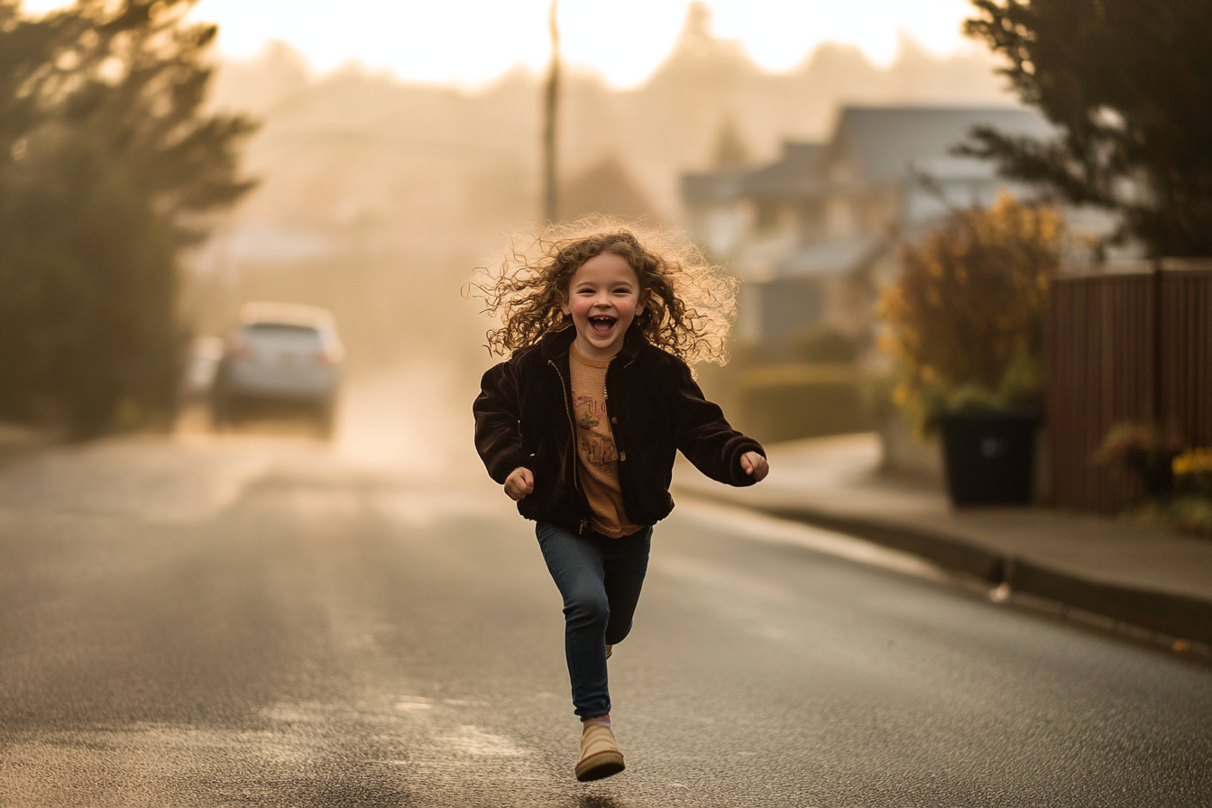 An excited girl running down a misty street | Source: No source
