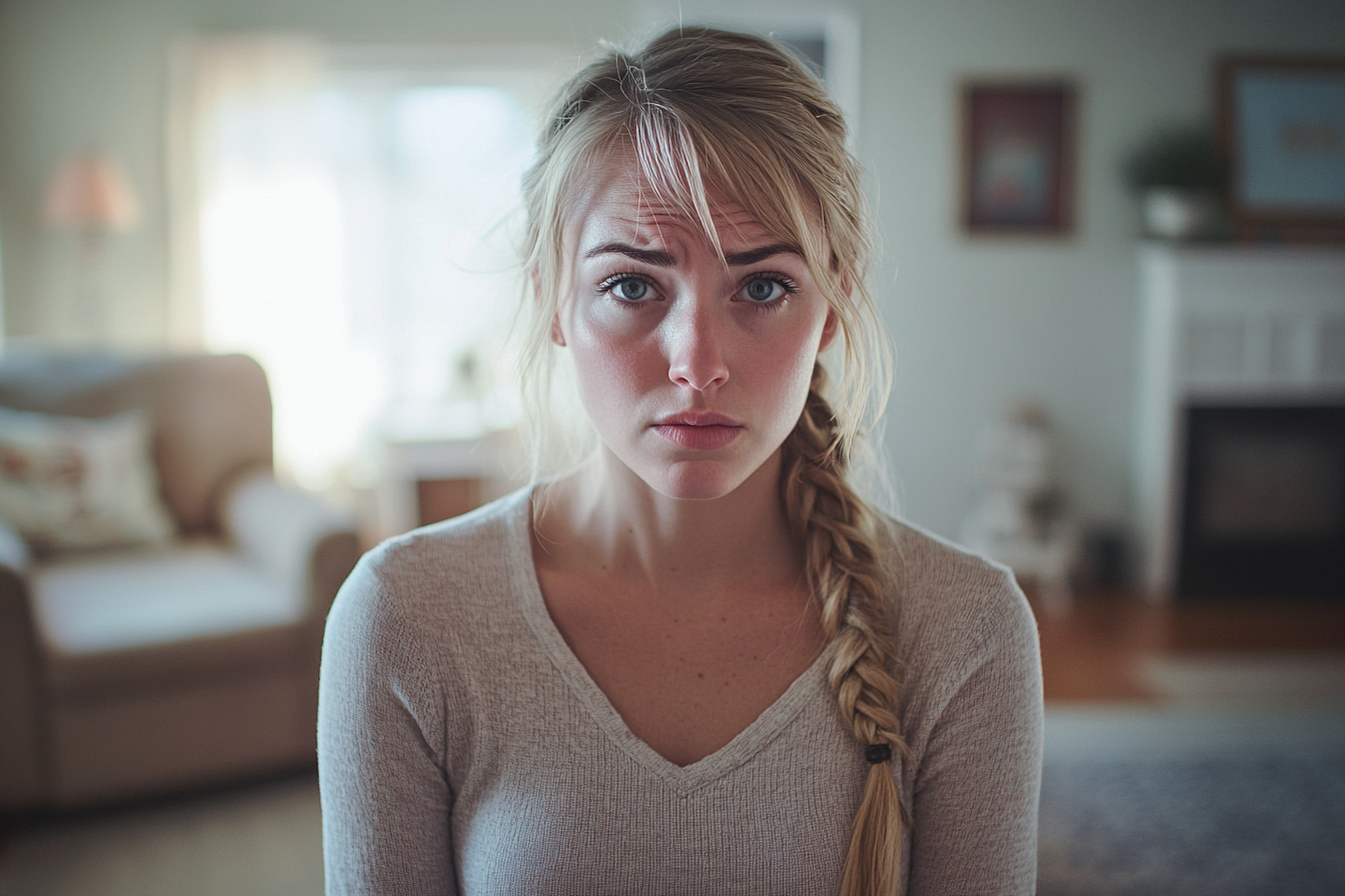 Woman in her 30s looking worried in a living room in the afternoon | Source: no source