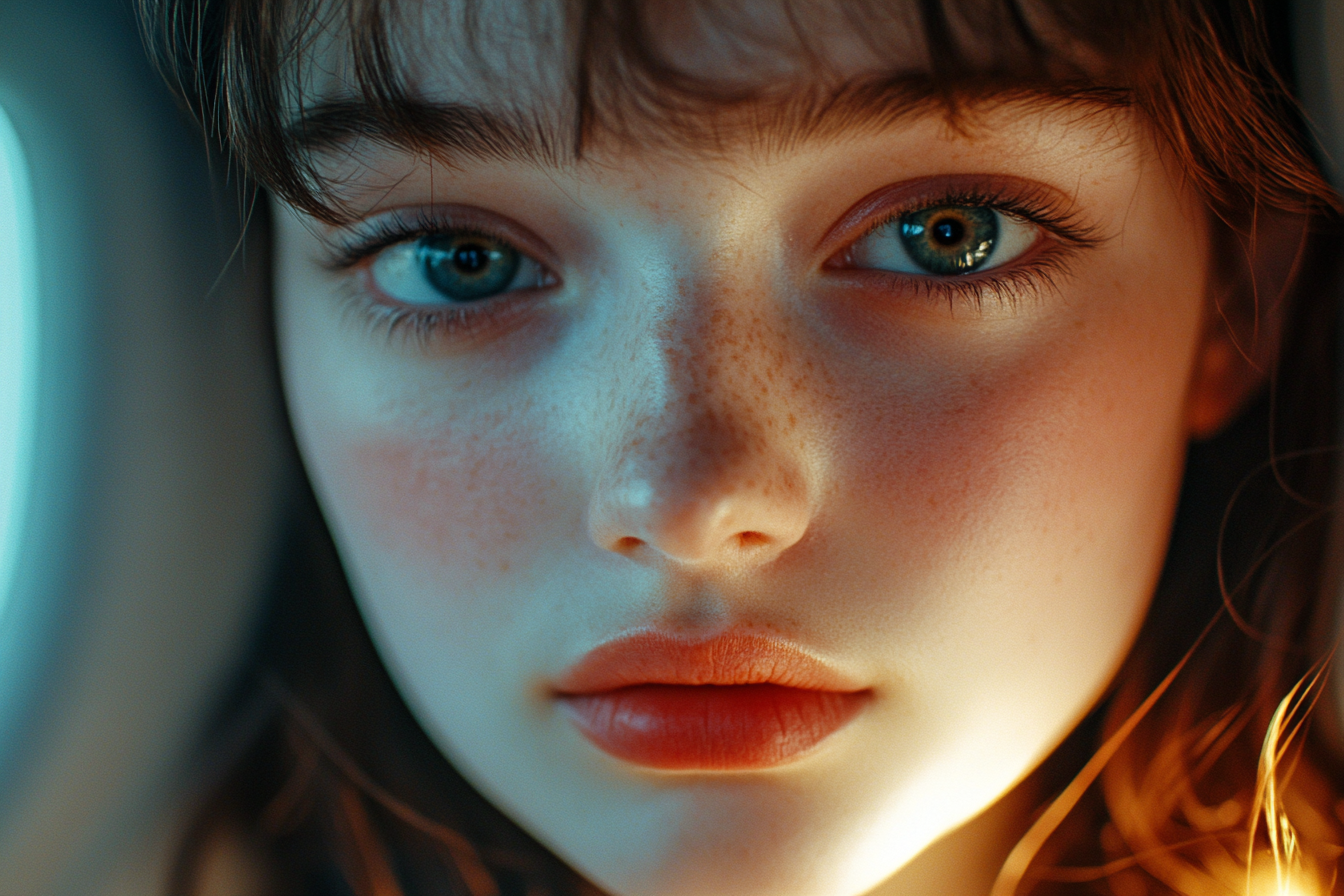 A close-up shot of a woman in an airplane, looking straight ahead | Source: No source