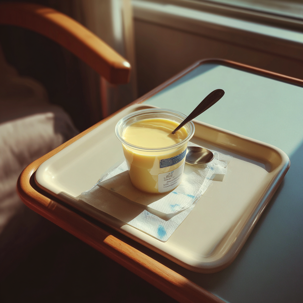 A container of custard on a hospital tray | Source: no source