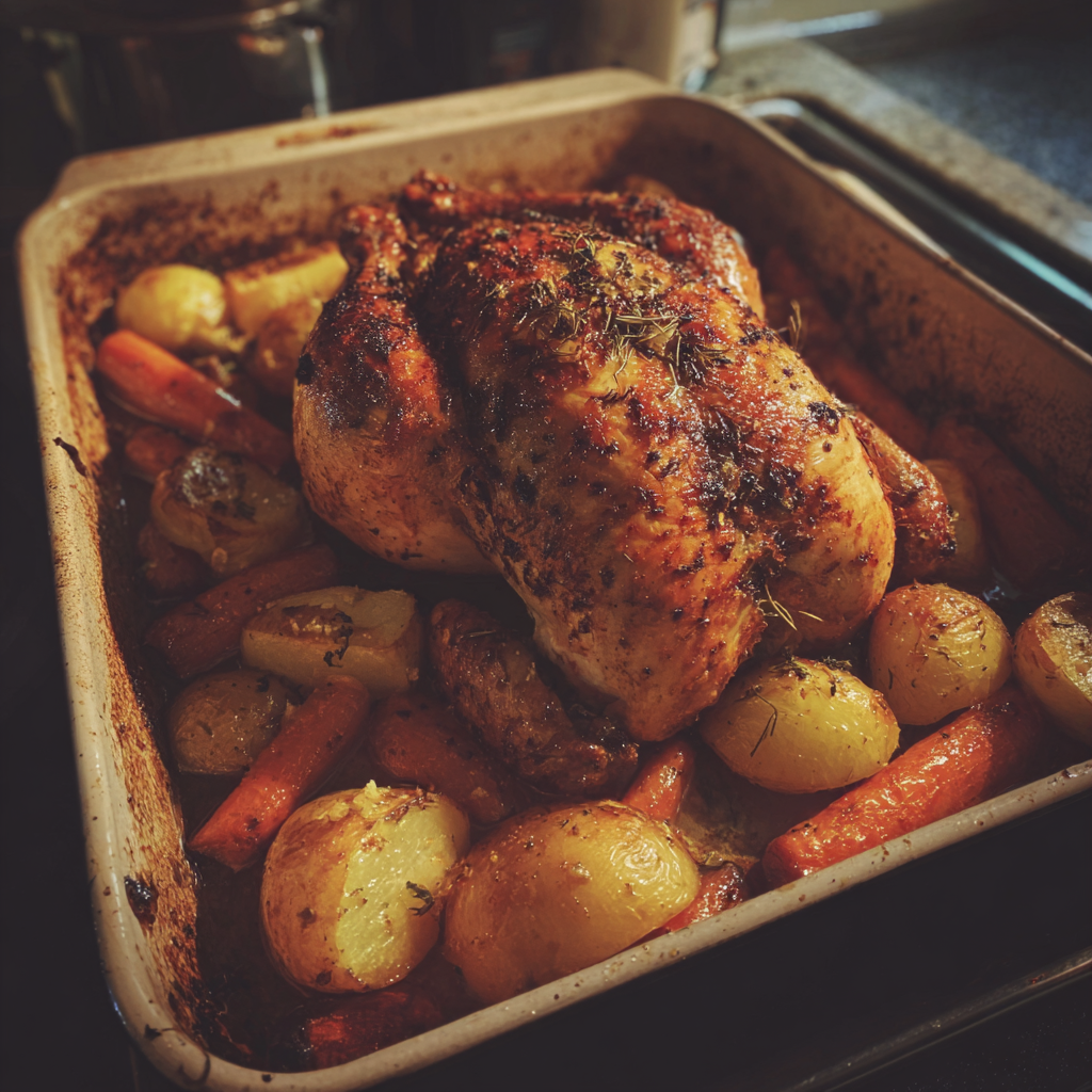 A roast chicken and veggies in an oven tray | Source: No Source