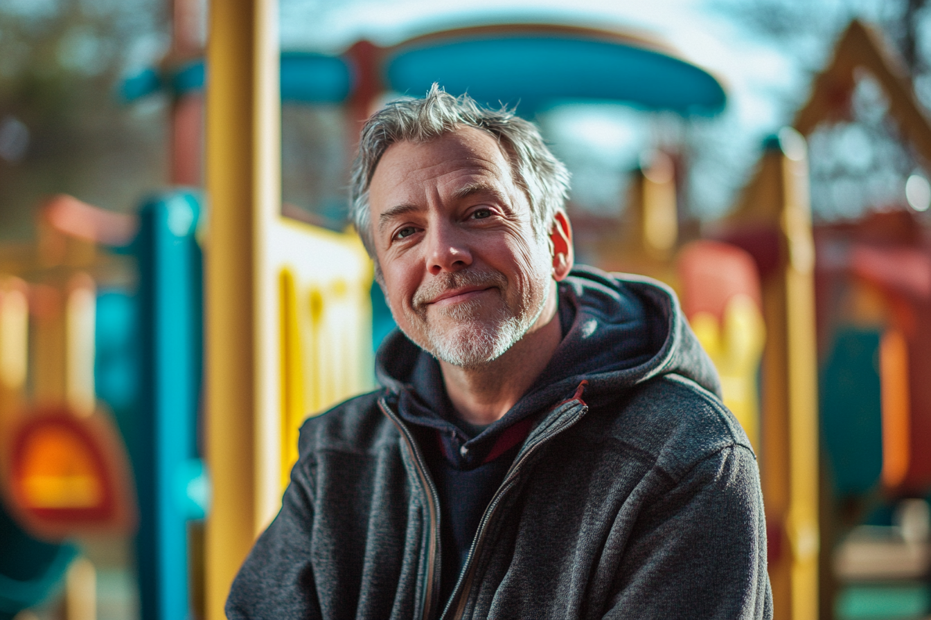 Man smiling at an outdoor playground at a children's center | Source: No source