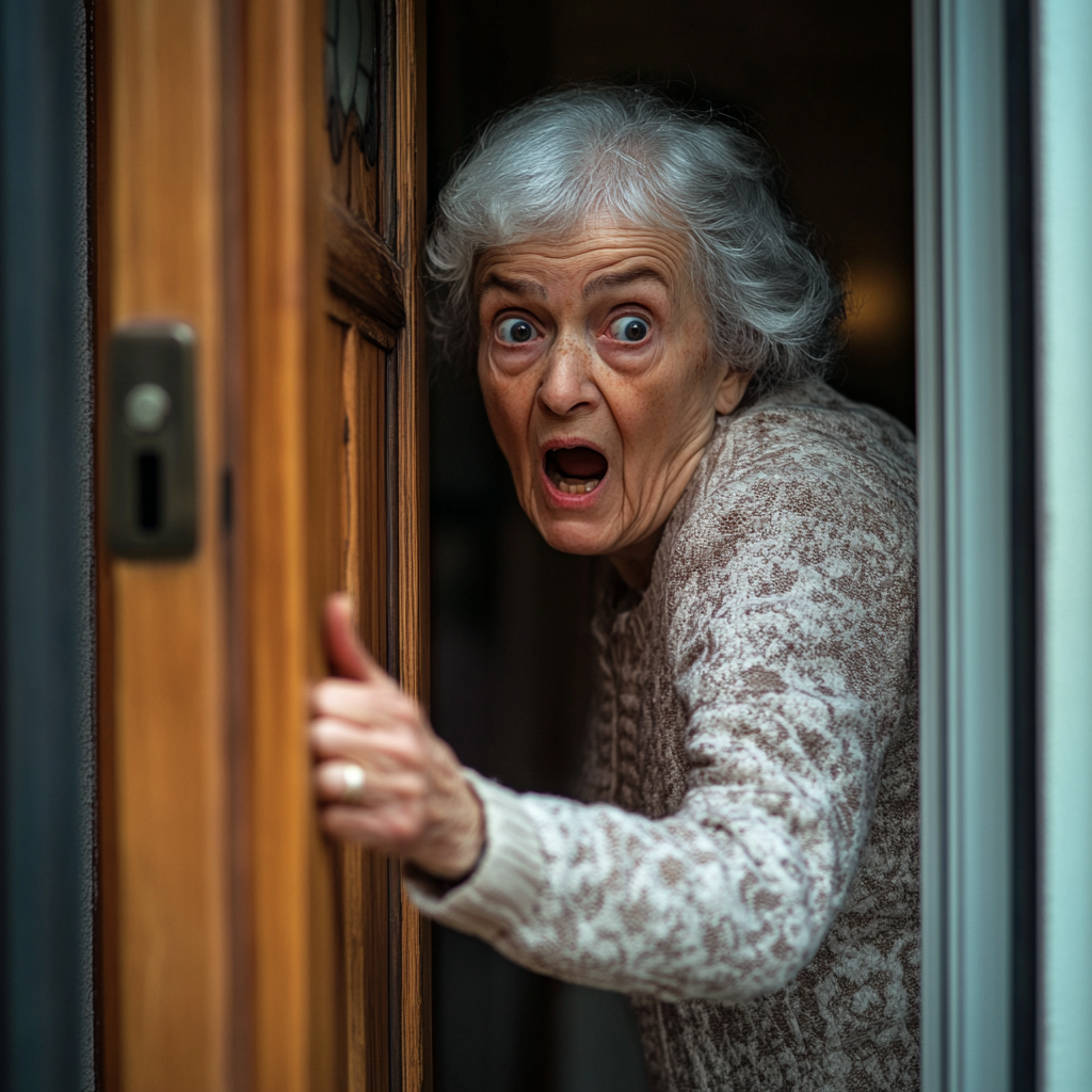 A shocked elderly woman opening her door | Source: No source