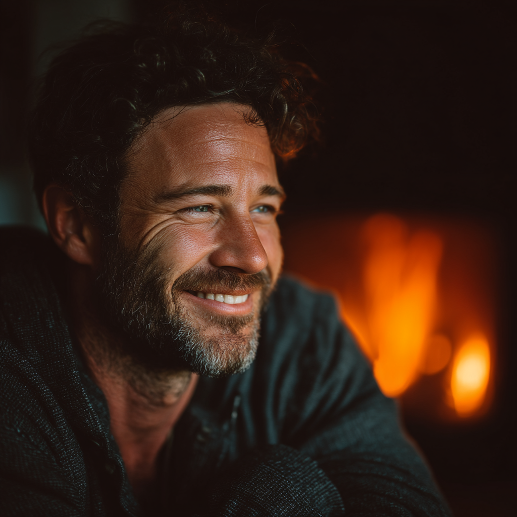 A happy man sitting by the fireplace of his home | Source: No source