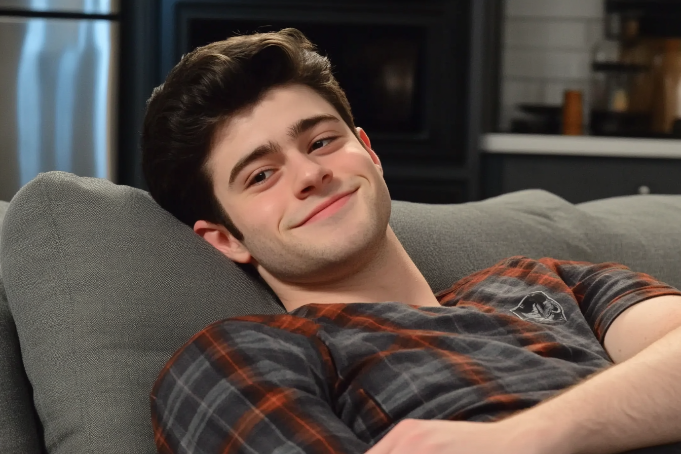 A young man smiles while laying on a couch. | Source: no source