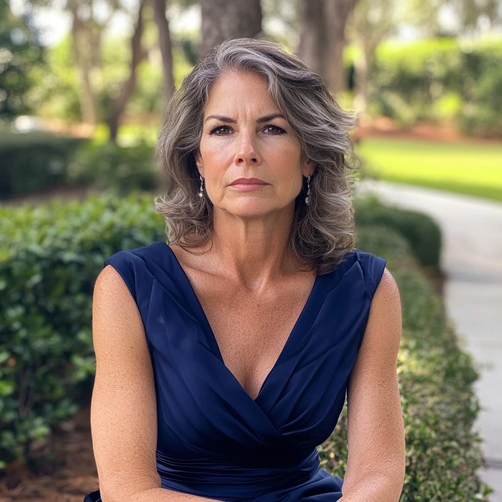 A woman sitting outside in a navy dress | Source: no source