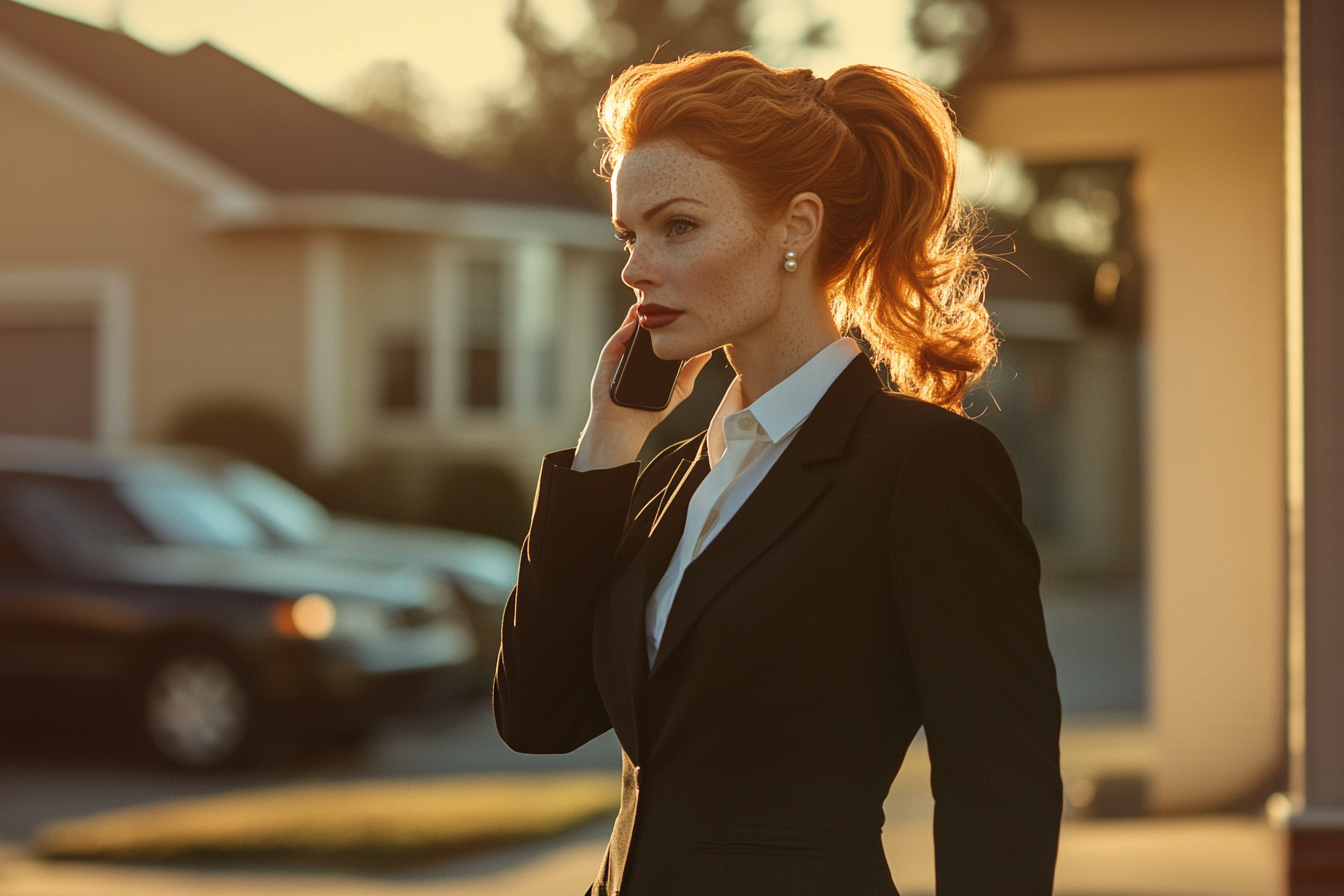 A woman in her 40s in work clothes holding a phone to her ear and walking through the street, looking serious | Source: no source