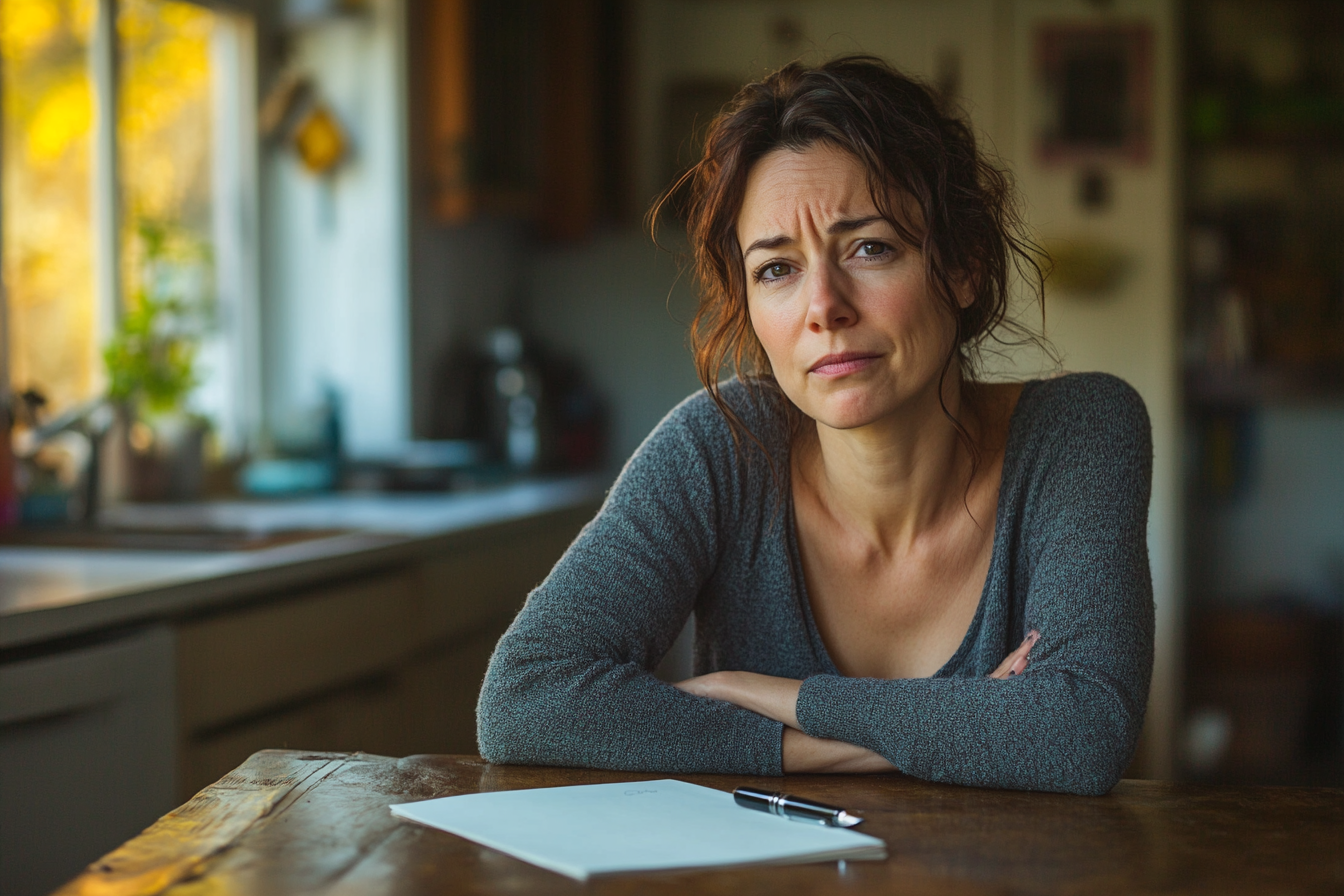 A frowning woman sitting at a kitchen table with documents and a pen | Source: no source