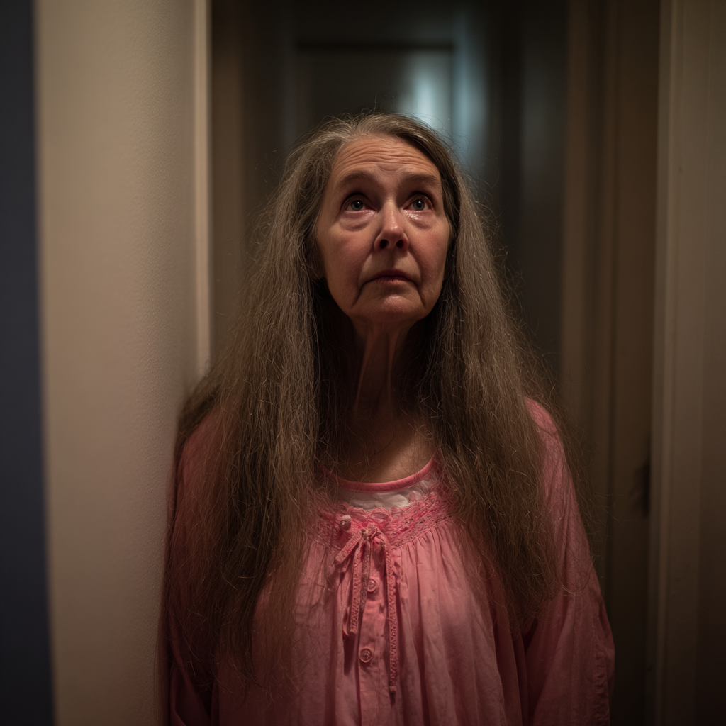 An upset older woman standing in a hallway wearing a pink nightgown | Source: no source