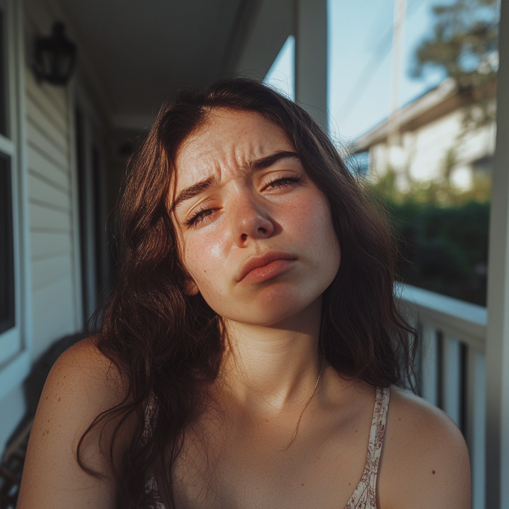 A confused woman on her porch | Source: no source