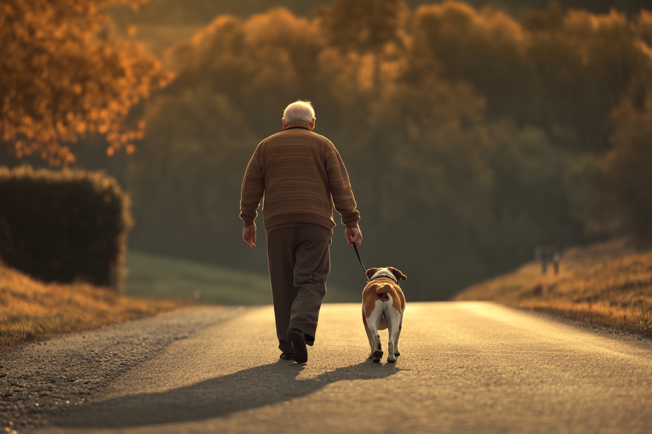 An older man walking with his pet dog on the road | Source: no source