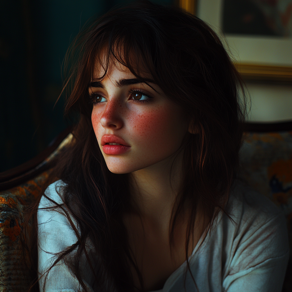 A woman on a sofa staring uncertainly at someone | Source: no source