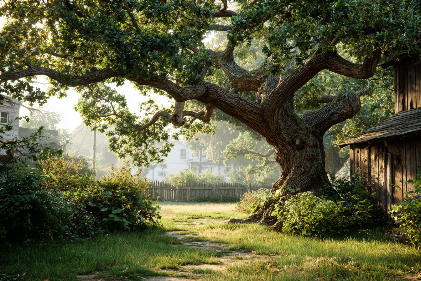 An oak tree in a backyard | Source: No source