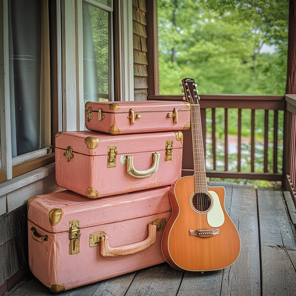 Packed suitcases and a guitar on a porch | Source: No source