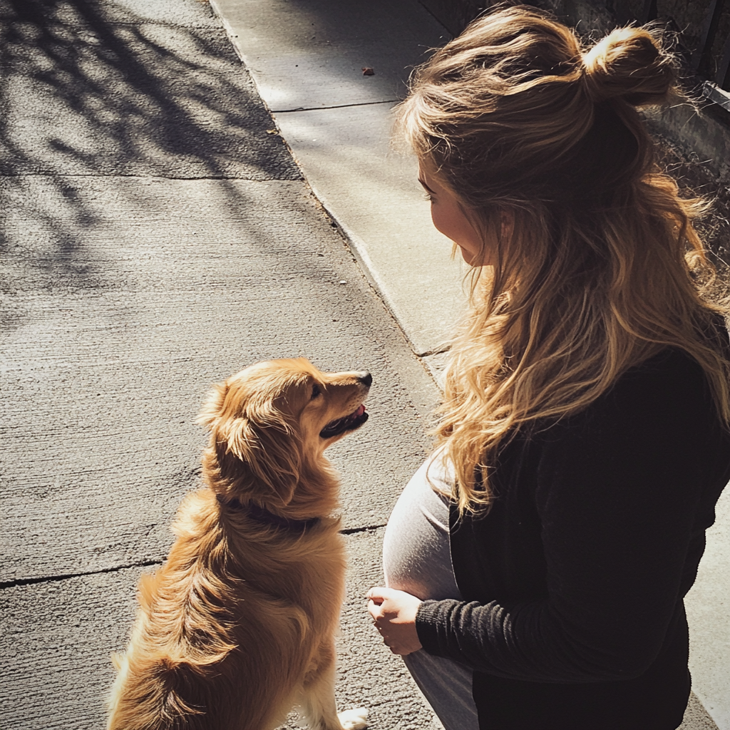 A pregnant woman and a dog on a sidewalk | Source: no source
