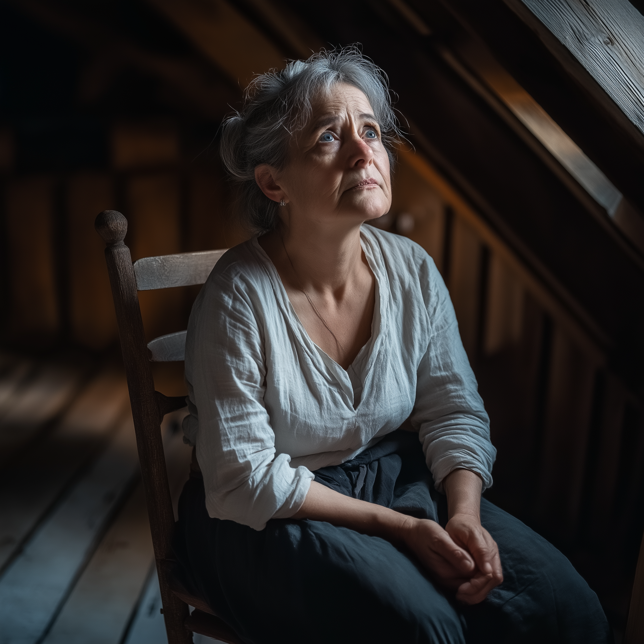 A middle-aged woman sitting in an attic | Source: No source