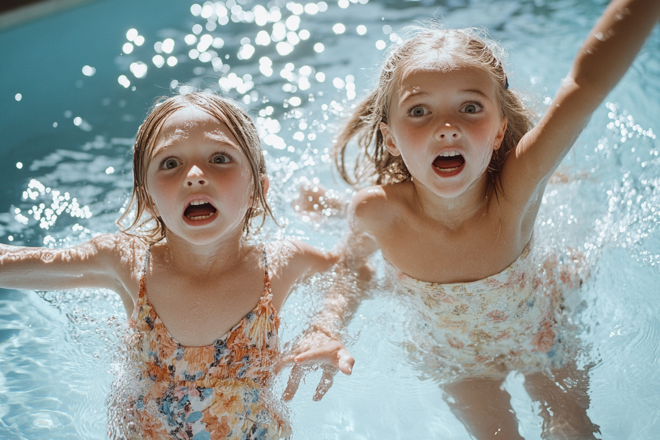 Children with shocking expressions lose balance and fall into a pool, their arms flailing mid-air. | Source: No source