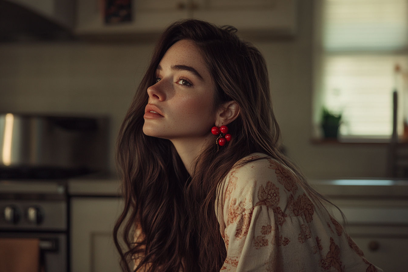 A woman in her 20s looking thoughtful and worried in the kitchen | Source: No source