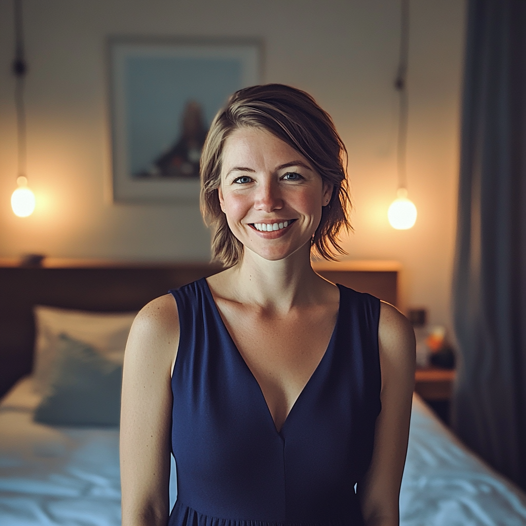 A smiling young woman standing in a bedroom | Source: no source