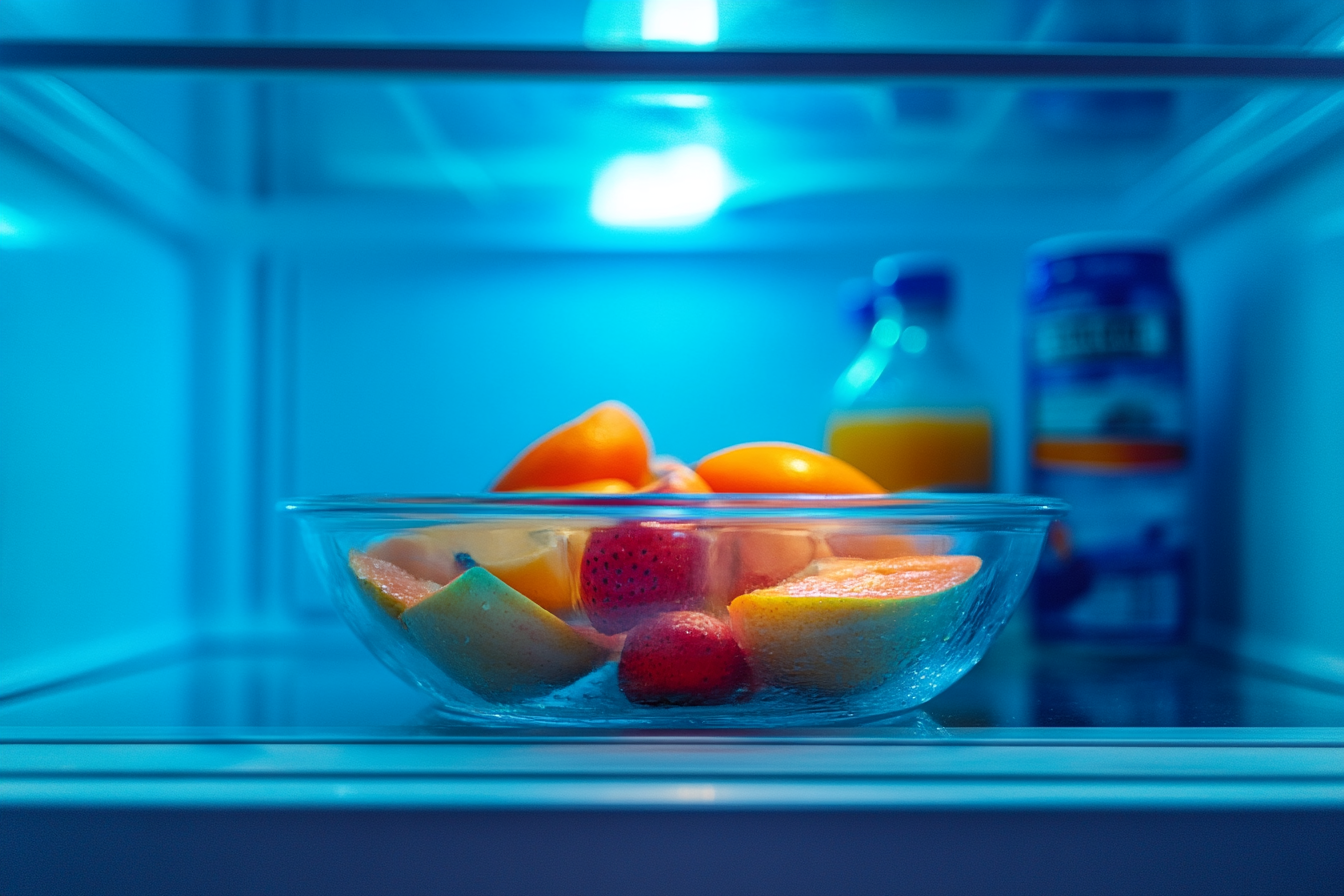Cut up fruit in a bowl in a fridge | Source: No source
