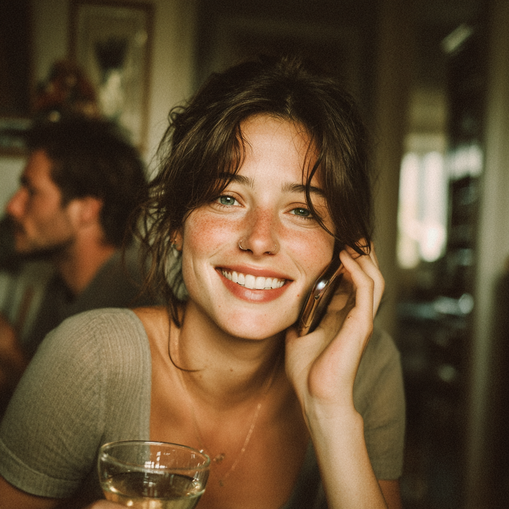 A happy woman on a call while holding a drink | Source: no source