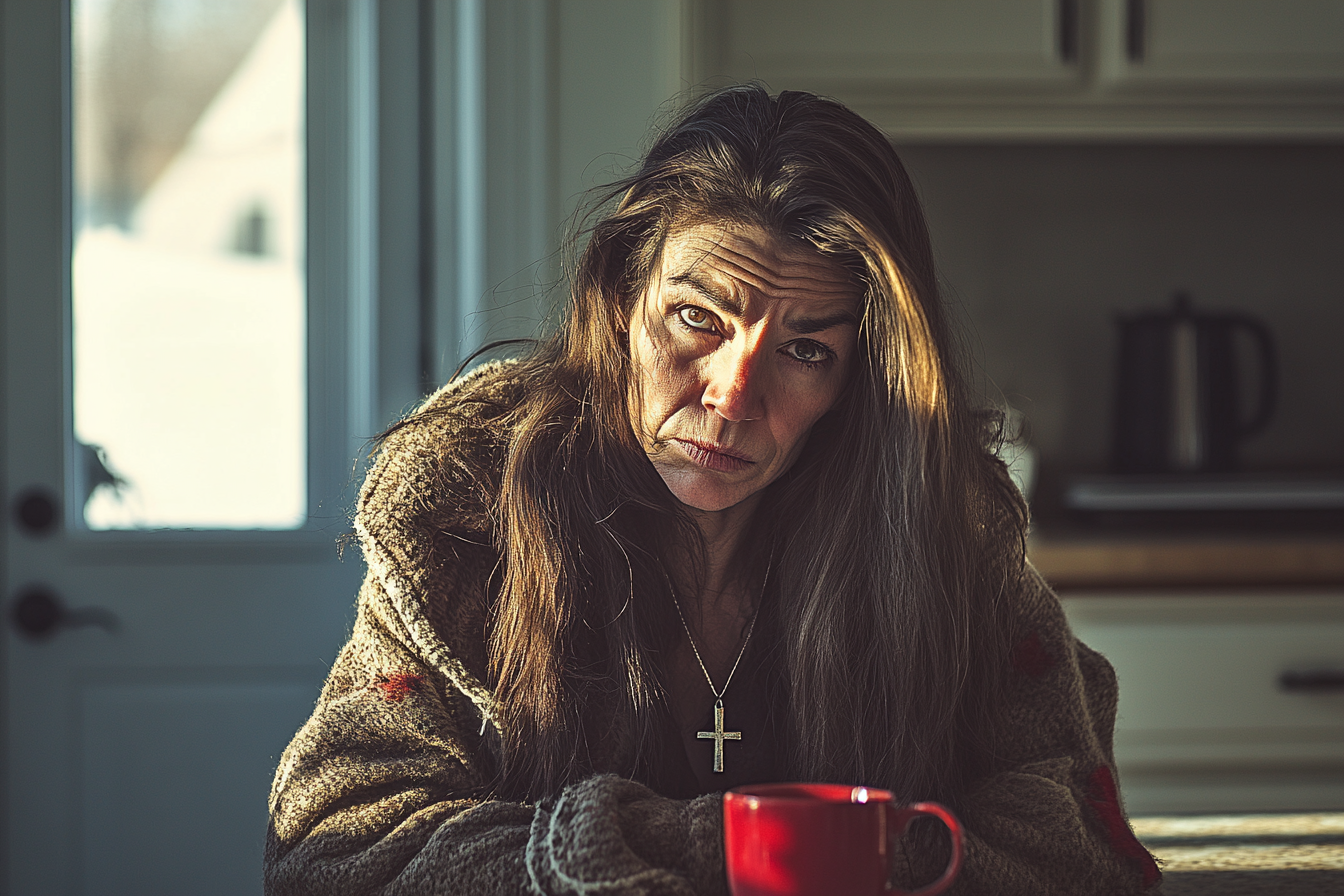 A woman in her 60s sitting sadly at a kitchen table with a cup of tea | Source: no source