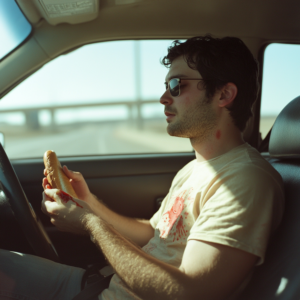 A man in a stained shirt holding a hotdog | Source: No source