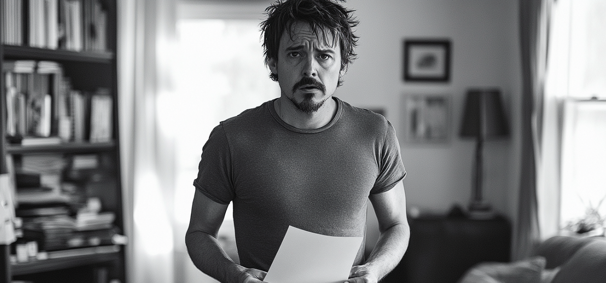 A frowning man holding a paper page | Source: no source