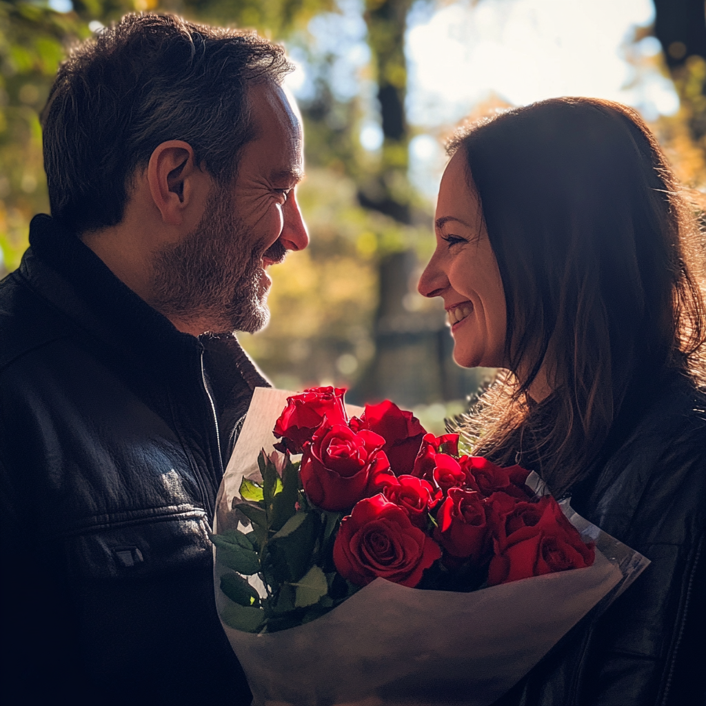 A couple with a bouquet of roses | Source: no source