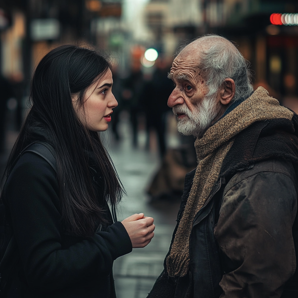 A woman talking to a homeless man | Source: no source