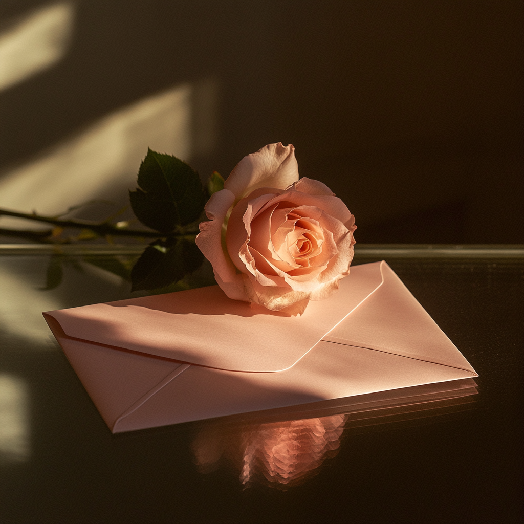 A pink envelope and a rose on a table | Source: no source